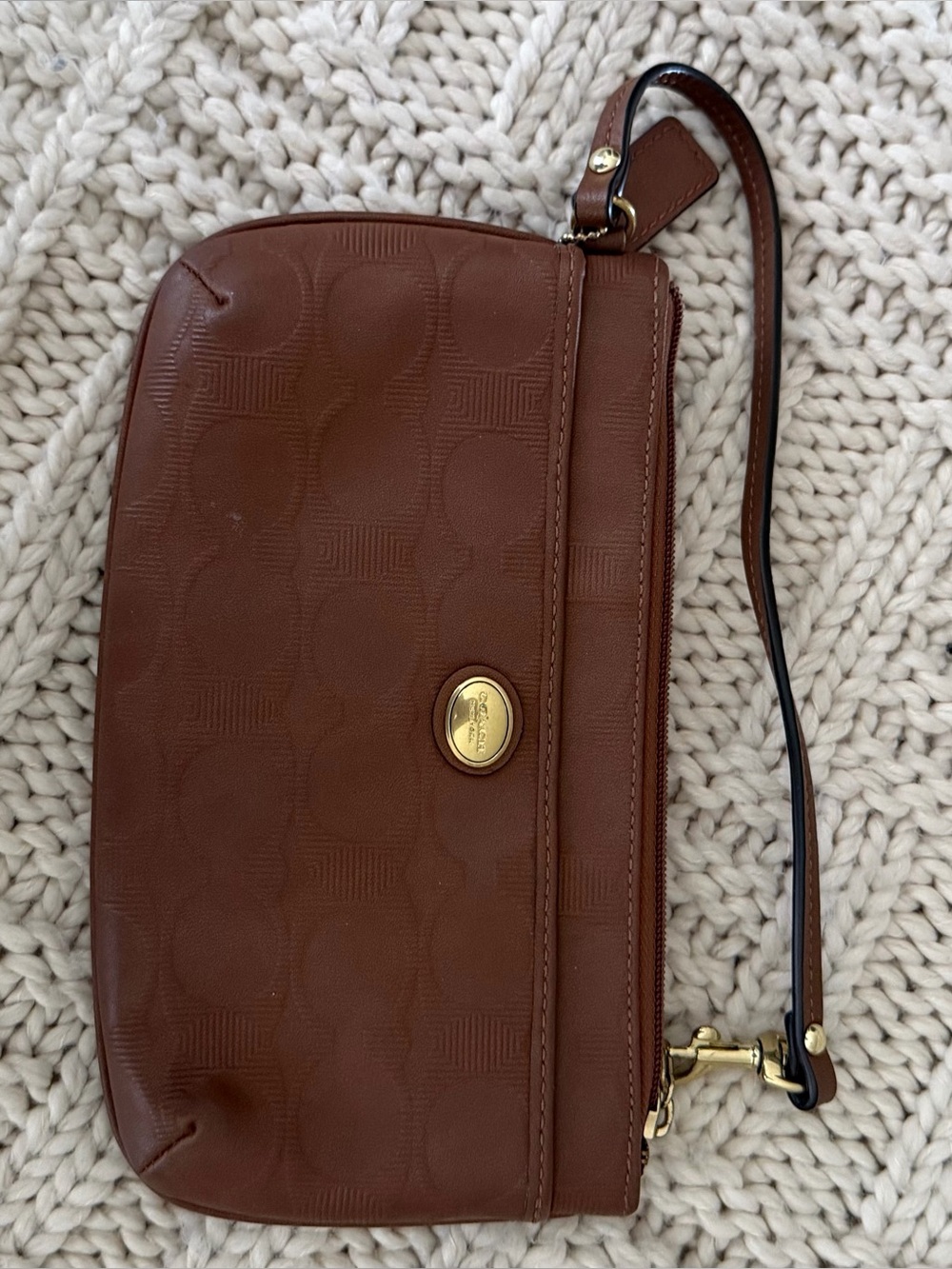 Coach Brown Embossed Logo Wristlet with Gold-Tone Accent